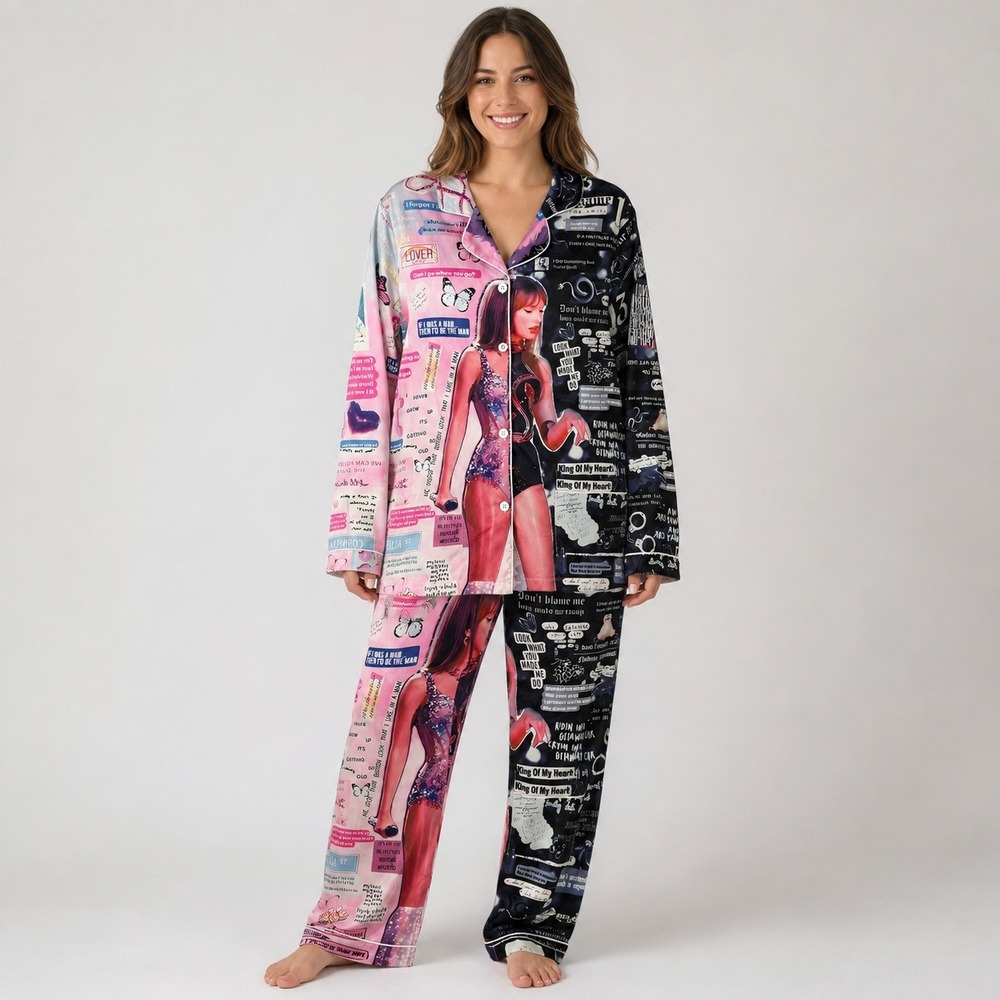 Taylor Swift Inspired Women's Graphic Pajama Set Pink Black 2 Piece Size S